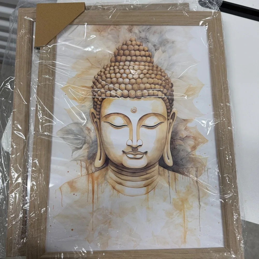 Set 3 Zen Buddha Lotus Tree of Life Framed Canvas Wall Art Gold Beige 12x16